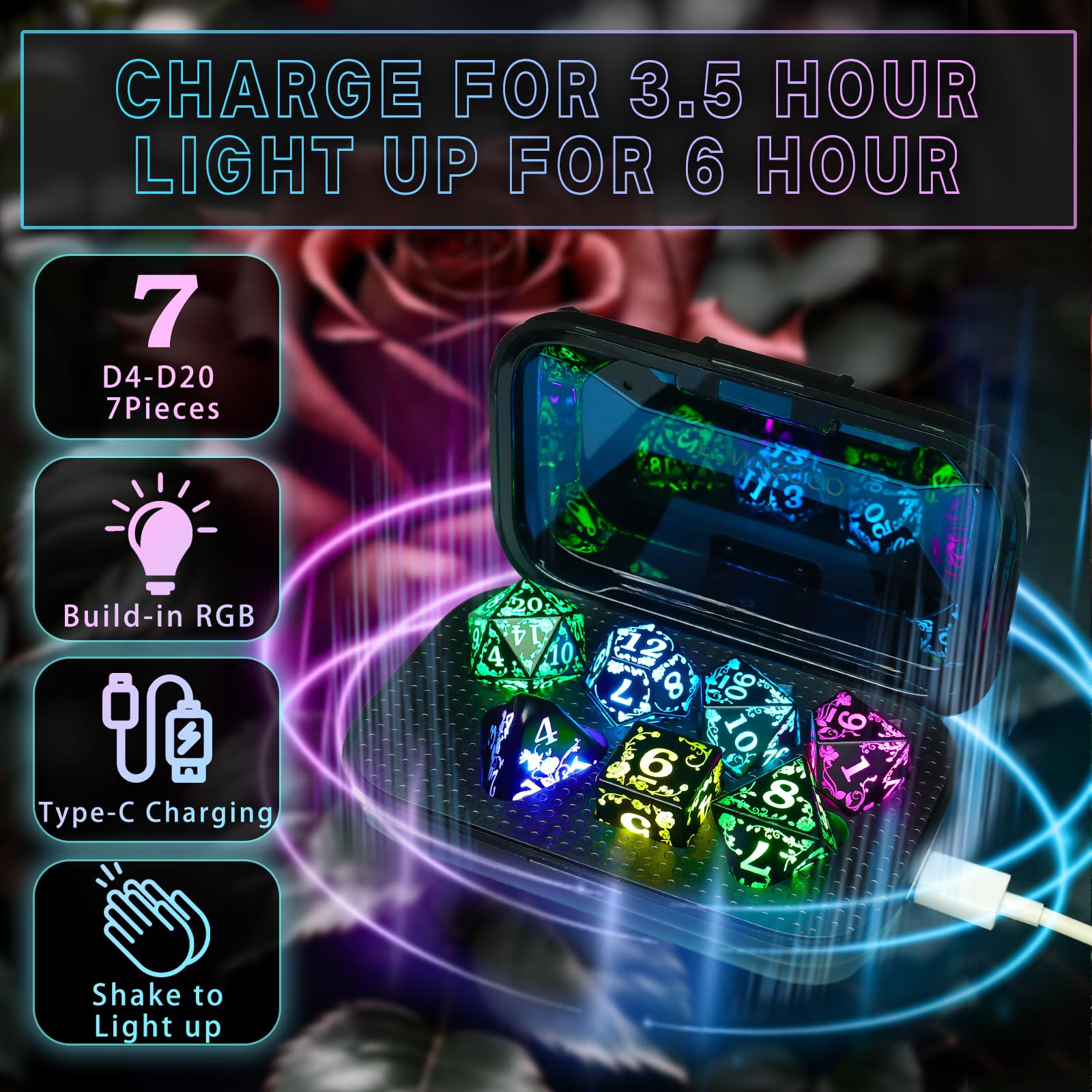 FONVGOGO Rose RGB dice held in hand for on-table use