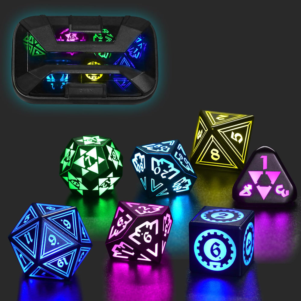 FONVGOGO light up DND dice on charging base showing organized setup and power indicator