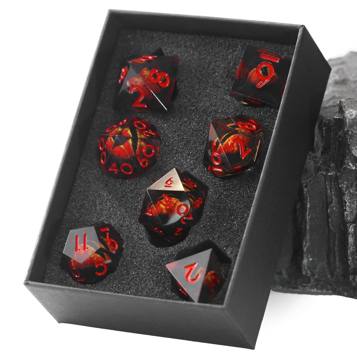 Fonvgogo liquid core dragon eye DND dice red, a striking centerpiece for tabletop games.
