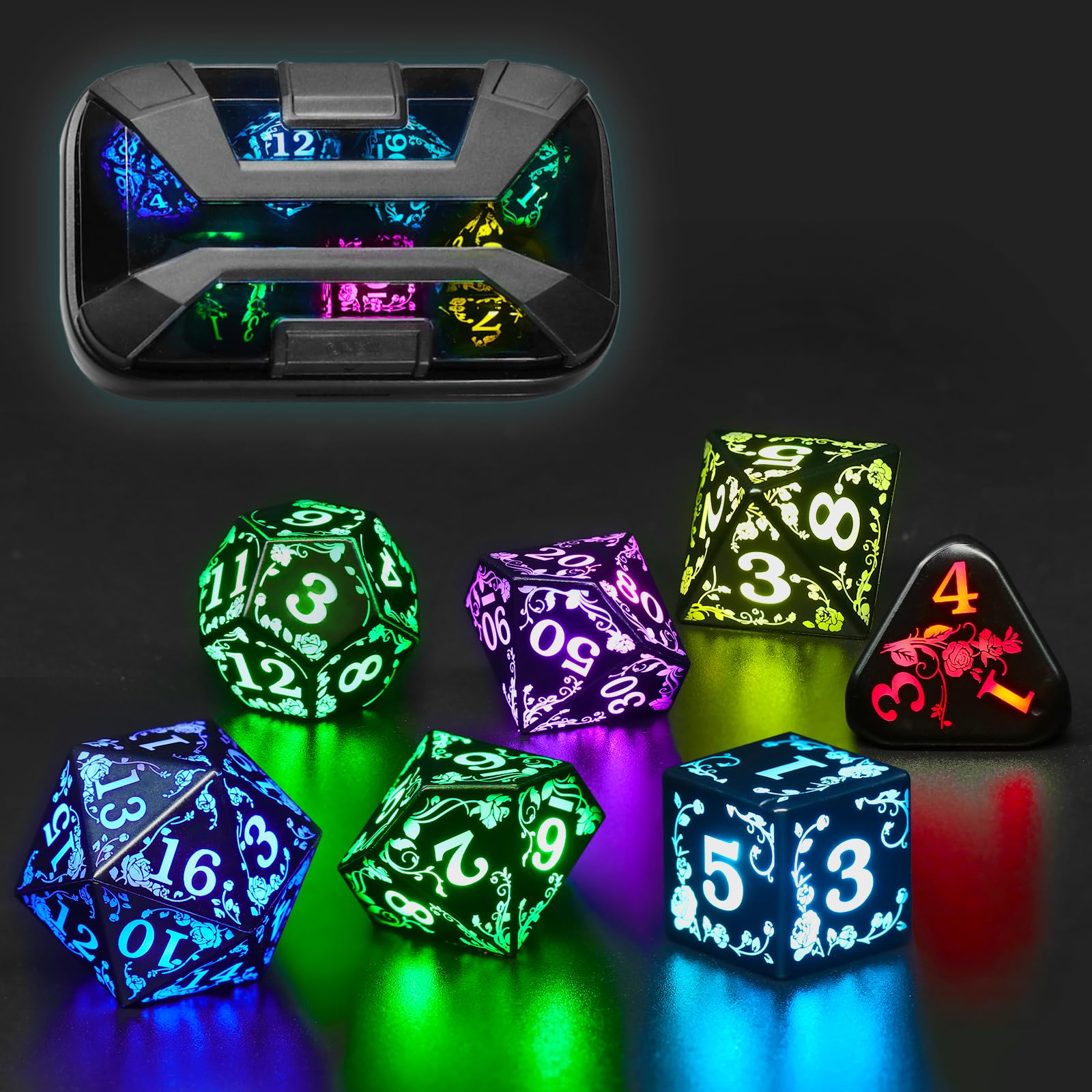 FONVGOGO Rose RGB LED dice front view showing vivid glow for DND sessions