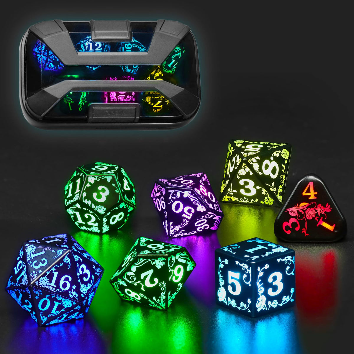 FONVGOGO Rose RGB LED dice front view showing vivid glow for DND sessions