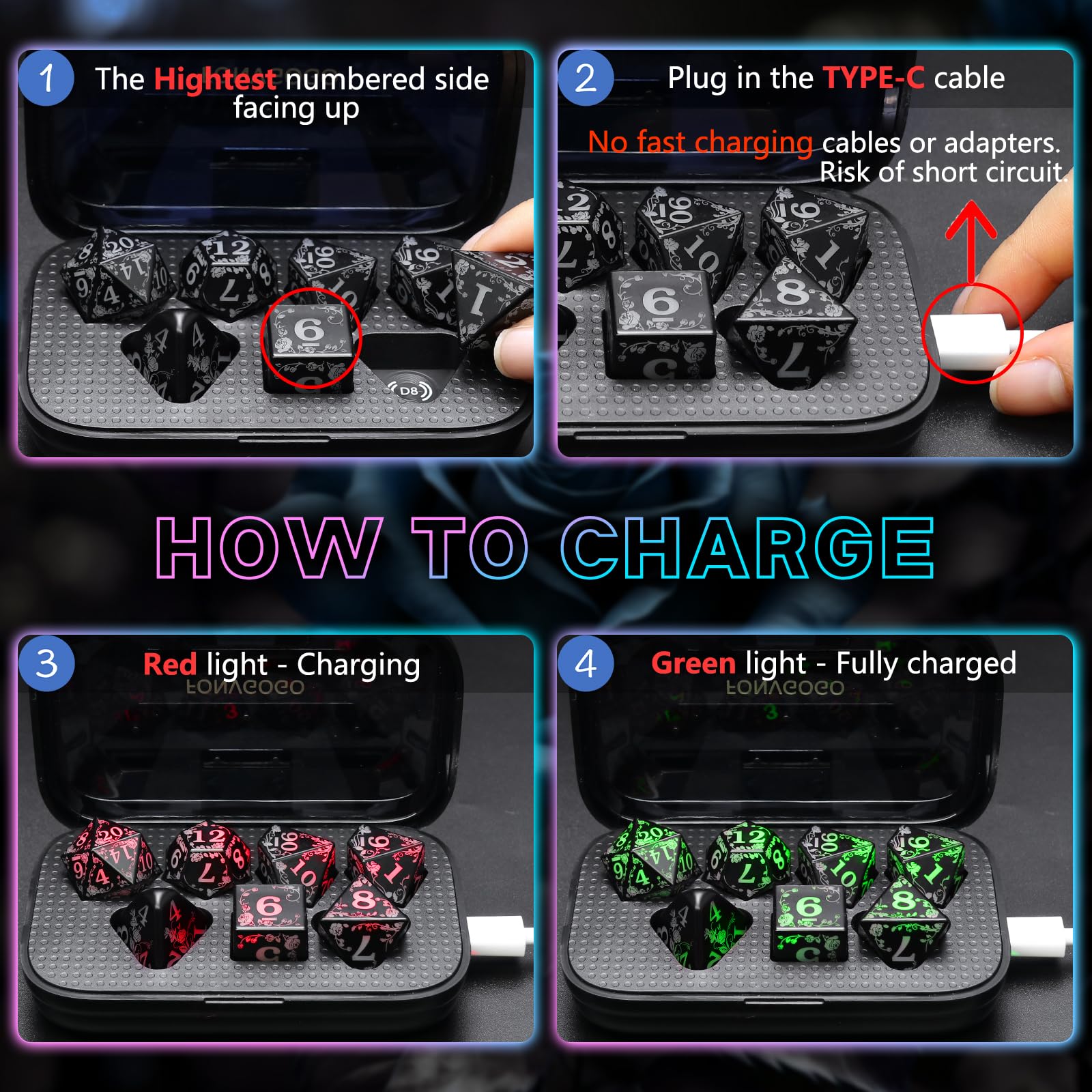 FONVGOGO wireless-charging dice with seven-color RGB lighting during play