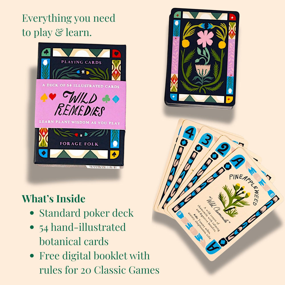 Four healing suits symbols on cards guiding detox, skin, nervines, and digestion themes