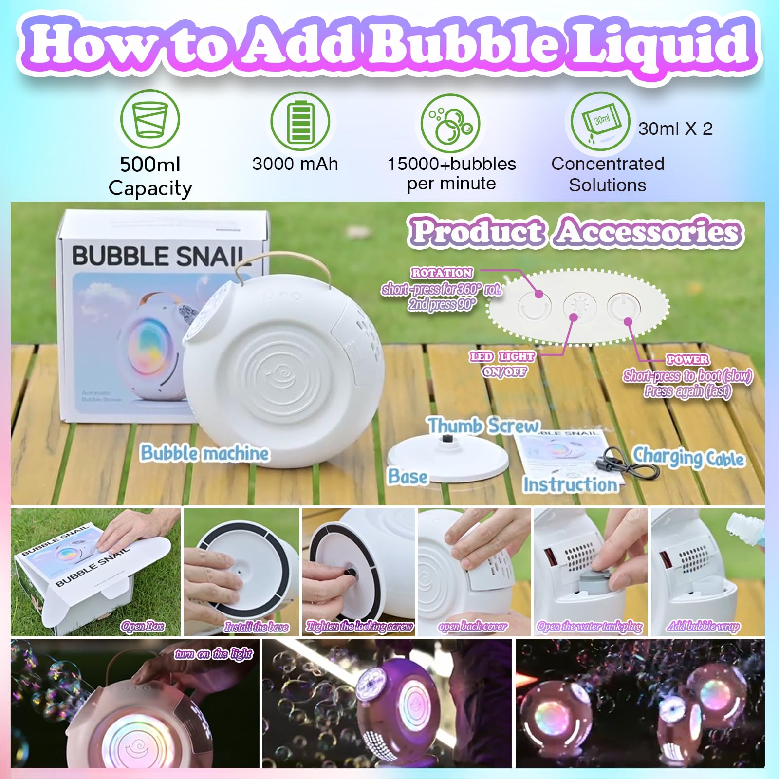 Over 15,000 bubbles per minute for lively fun.