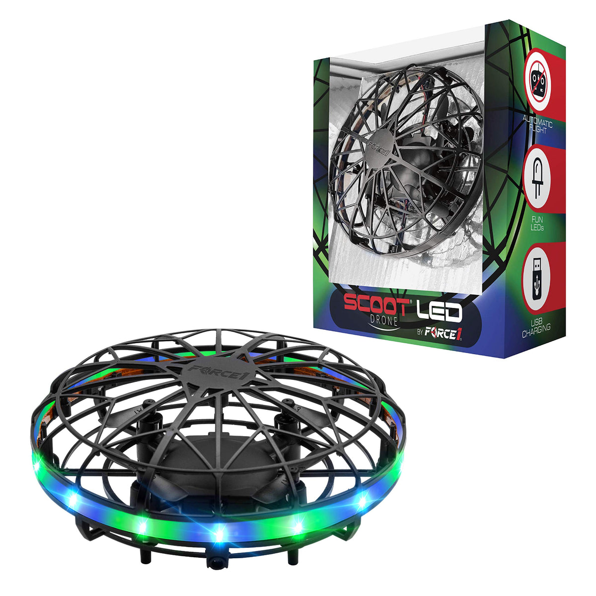 Force1 Scoot LED drone front view with bright LEDs for indoor fun
