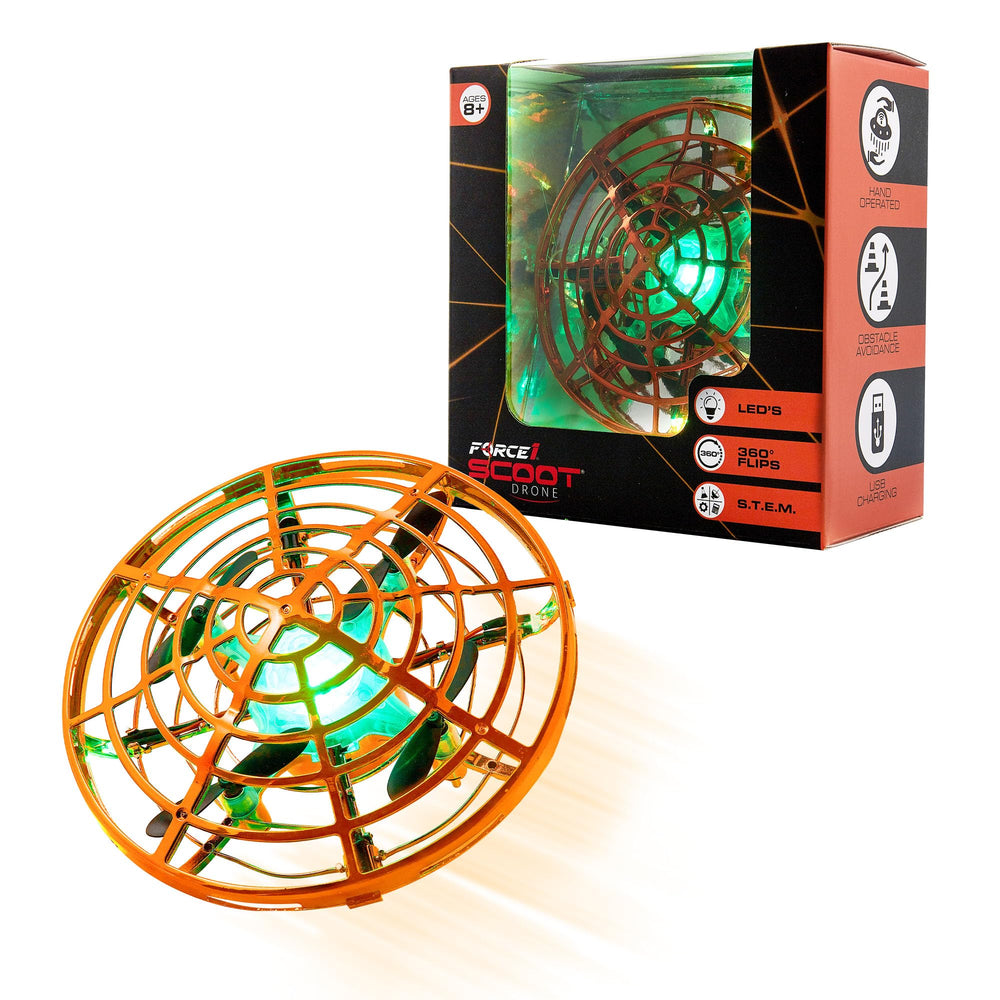 Force1 Scoot Skeet drone in indoor flight illustrating safe, interactive target play.