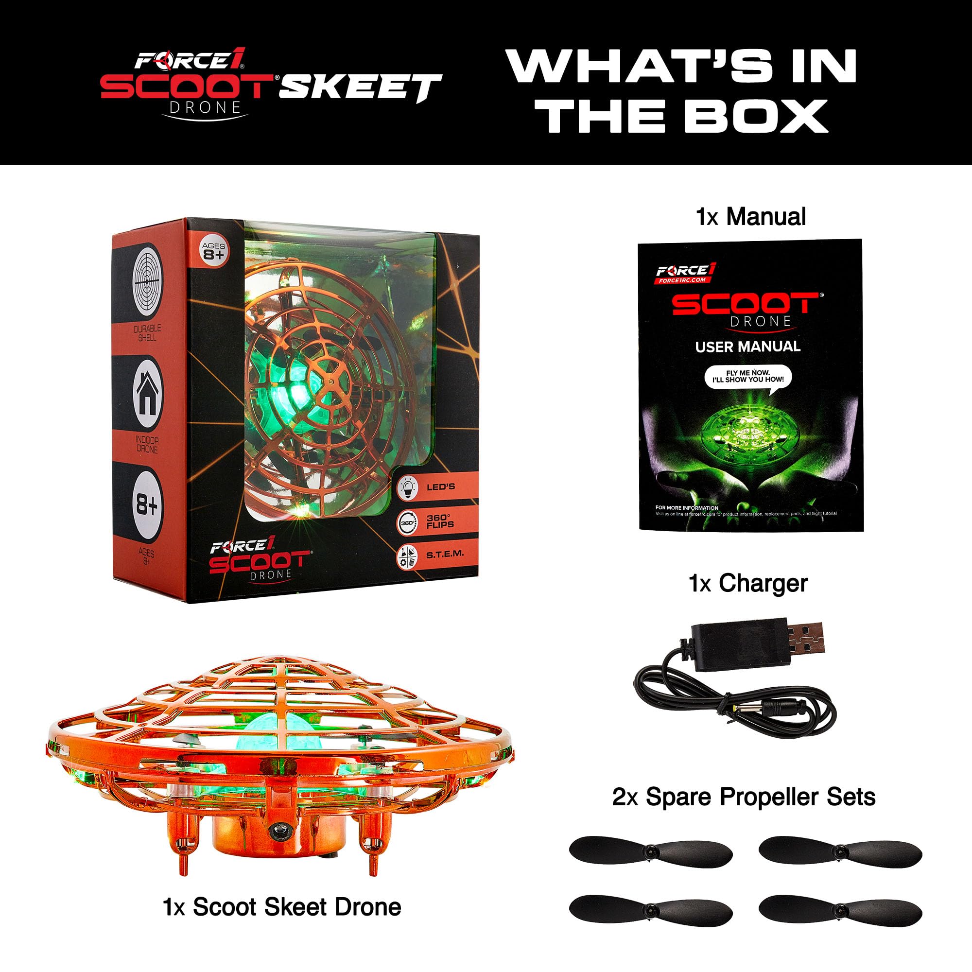 Force1 Scoot Skeet auto-hover and obstacle sensing aid beginners.