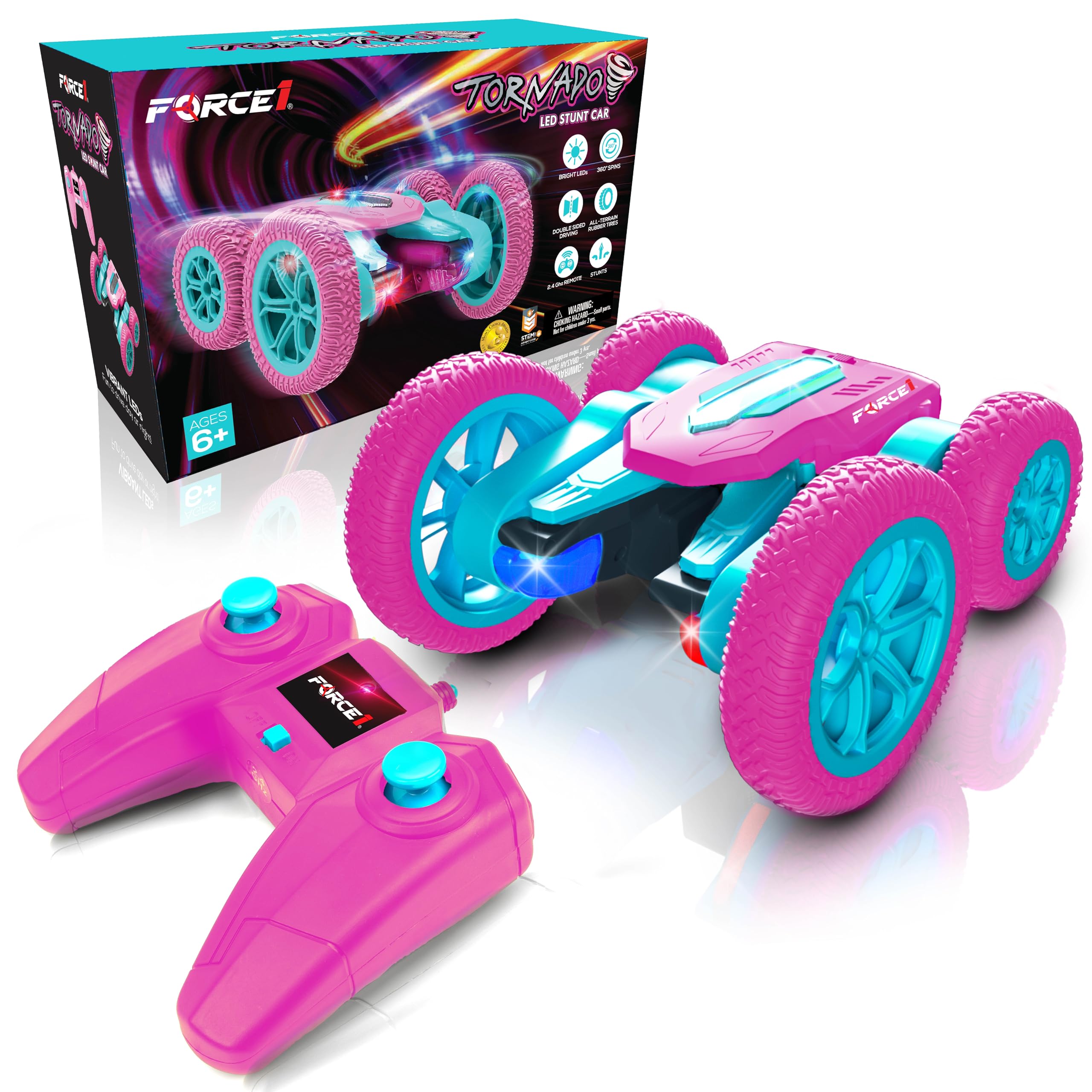Force1 Tornado Pink LED RC car front view showing dual-sided capability for all-terrain fun