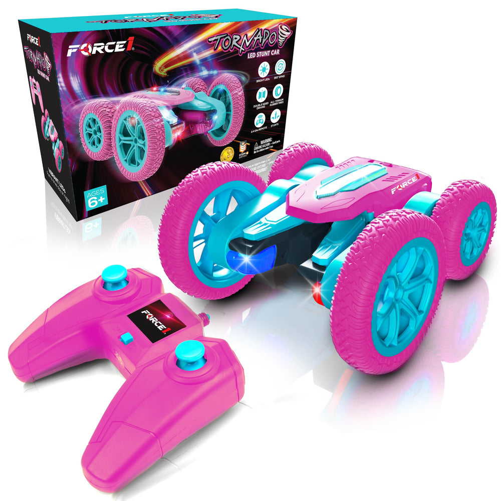 Force1 Tornado Pink LED RC car front view showing dual-sided capability for all-terrain fun