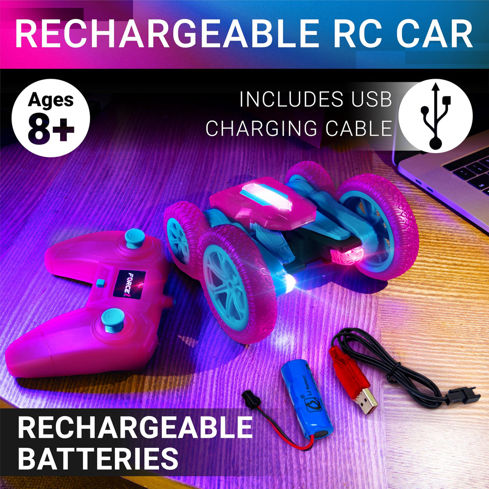 Force1 Tornado Pink LED RC car with rechargeable battery for extended play