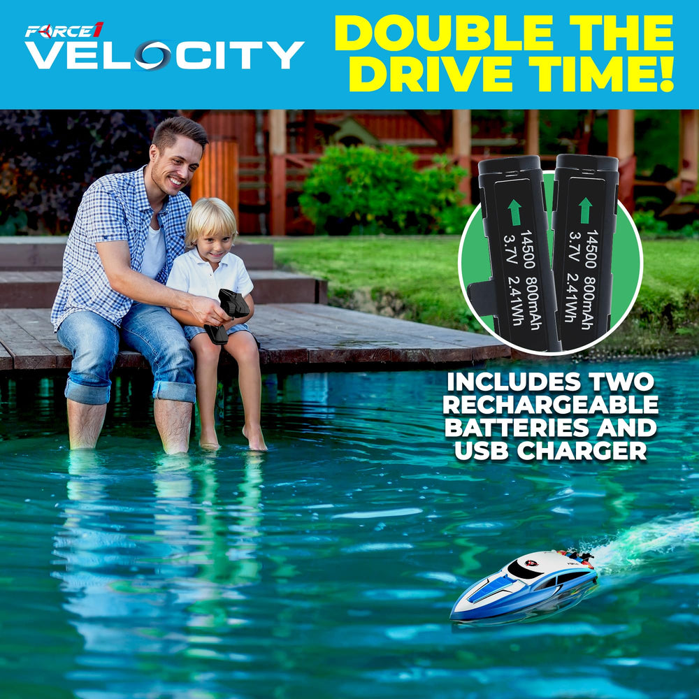 Force1 Velocity Blue RC boat includes two rechargeable batteries for extended sessions