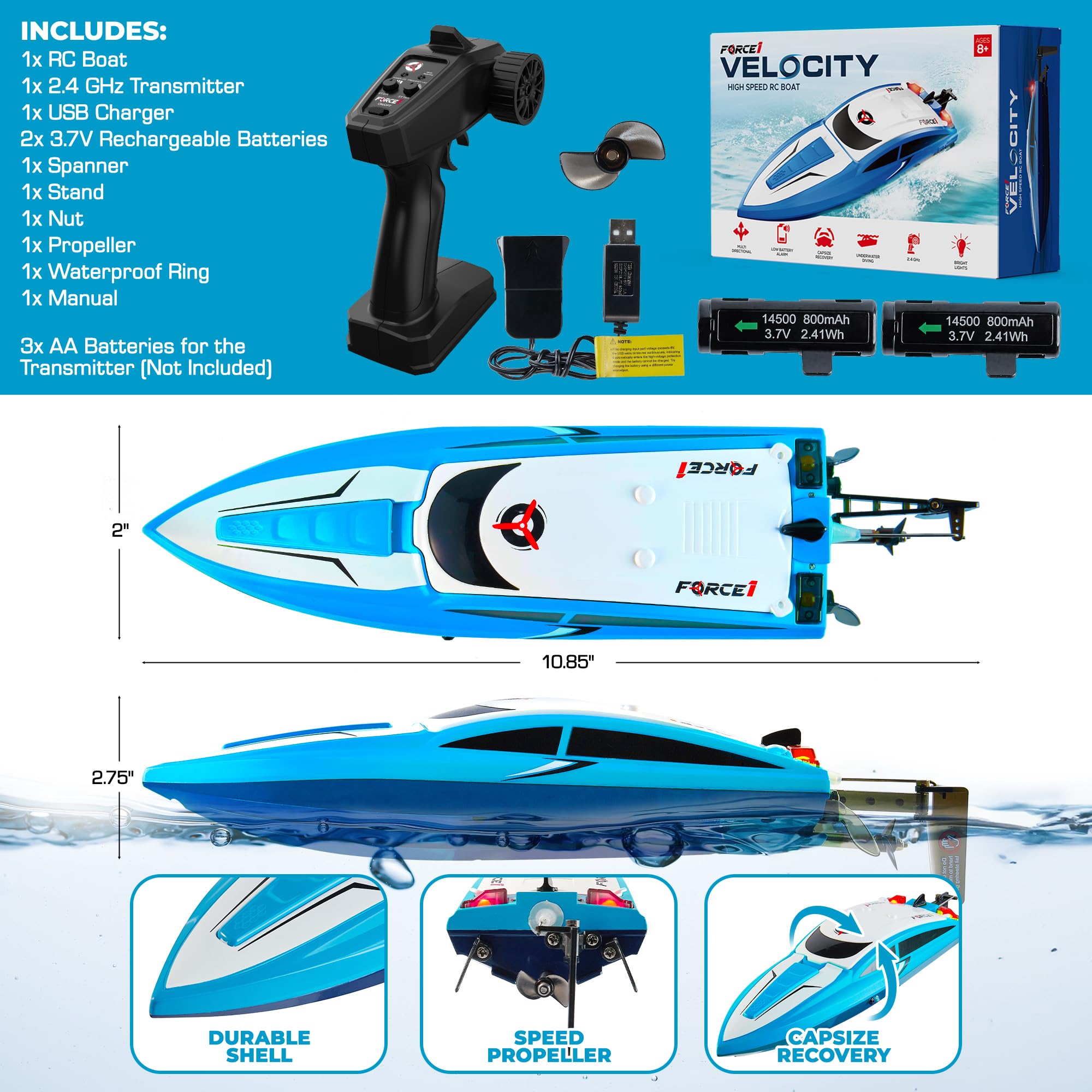 Force1 Velocity Blue RC boat durable freshwater hull designed for outdoor use