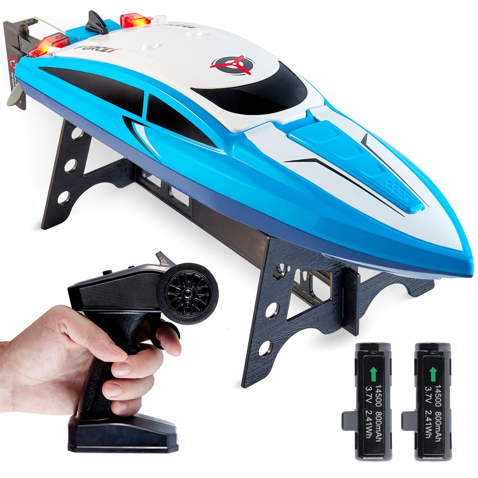 Force1 Velocity Blue RC boat front view showing speed-ready design for pools and lakes