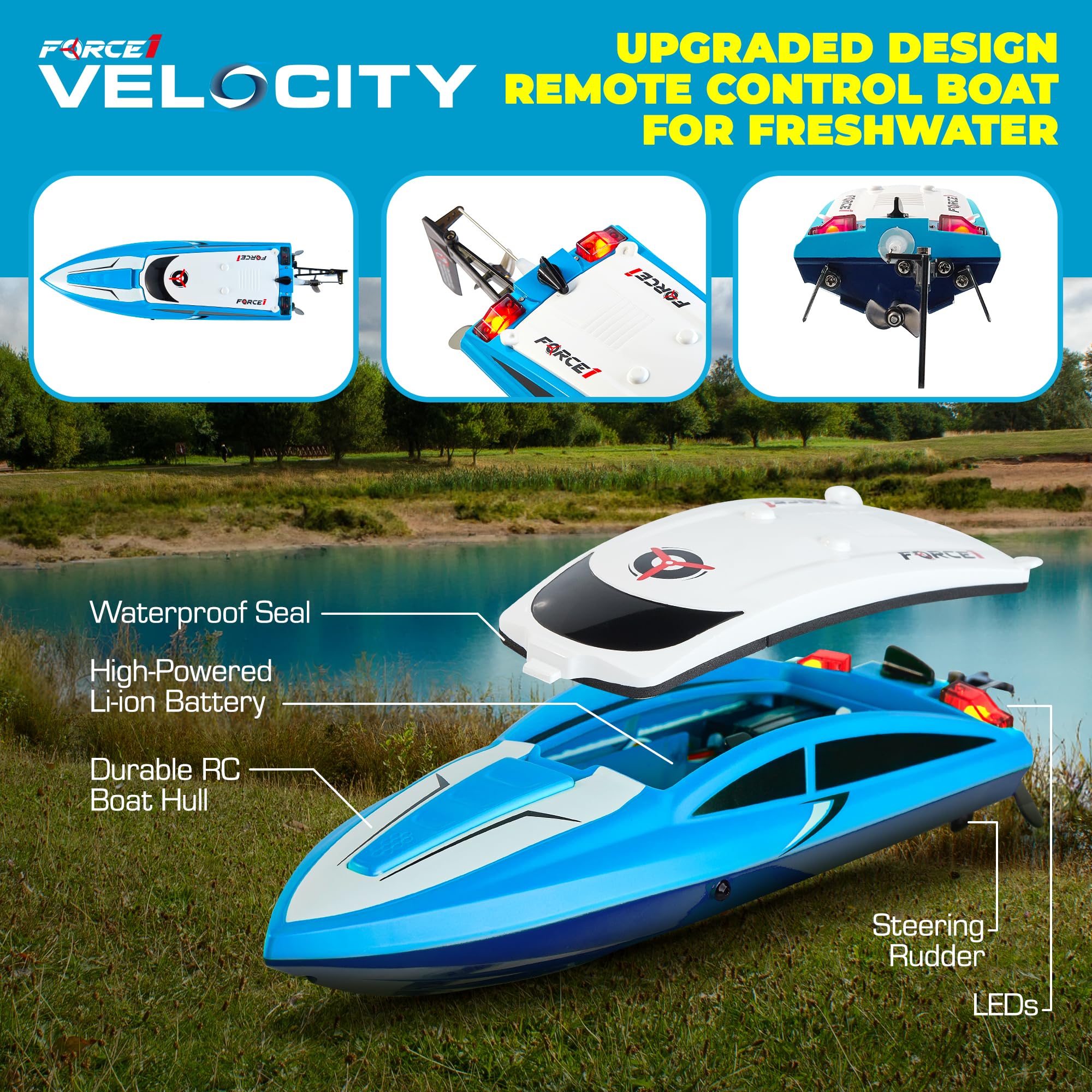 Force1 Velocity Blue RC boat in pool or lake ready for family fun