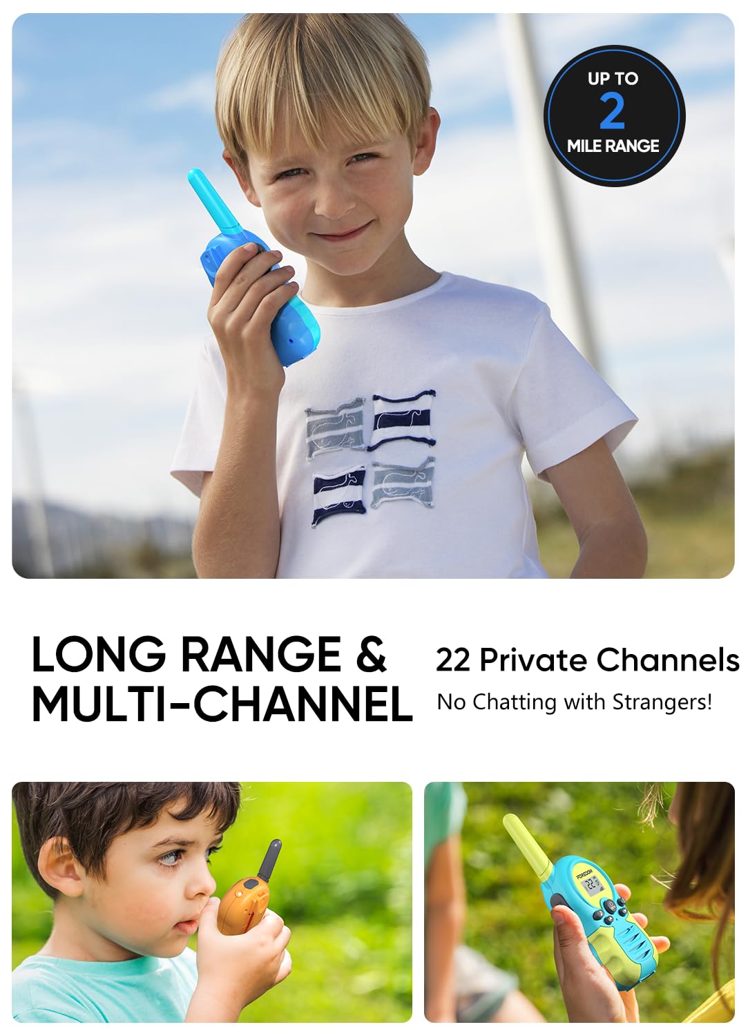 FOREDOM walkie talkies side profile, lightweight build for kids.