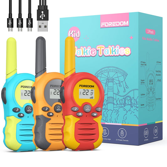 FOREDOM rechargeable walkie-talkie front view highlighting kid-friendly grip and bright display.