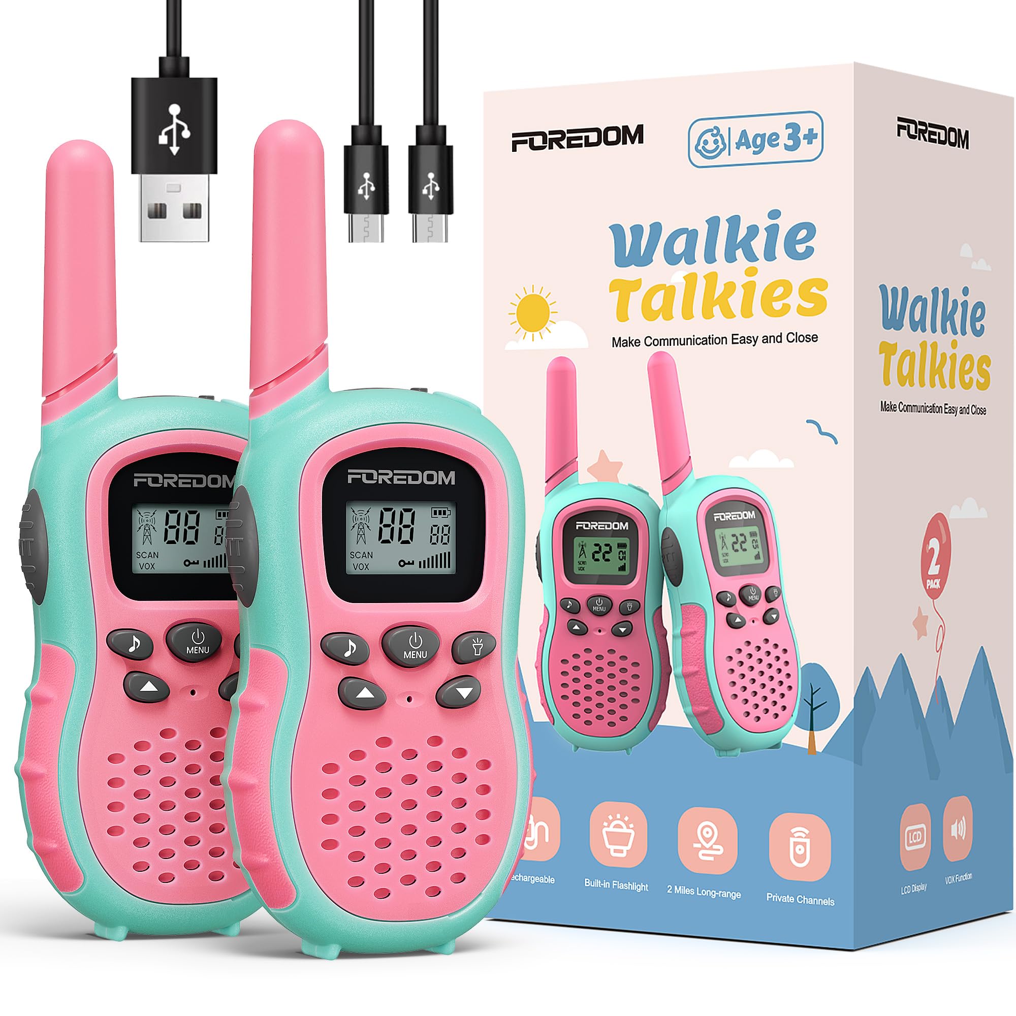 FOREDOM rechargeable walkie-talkies front view shows durable kid-friendly design