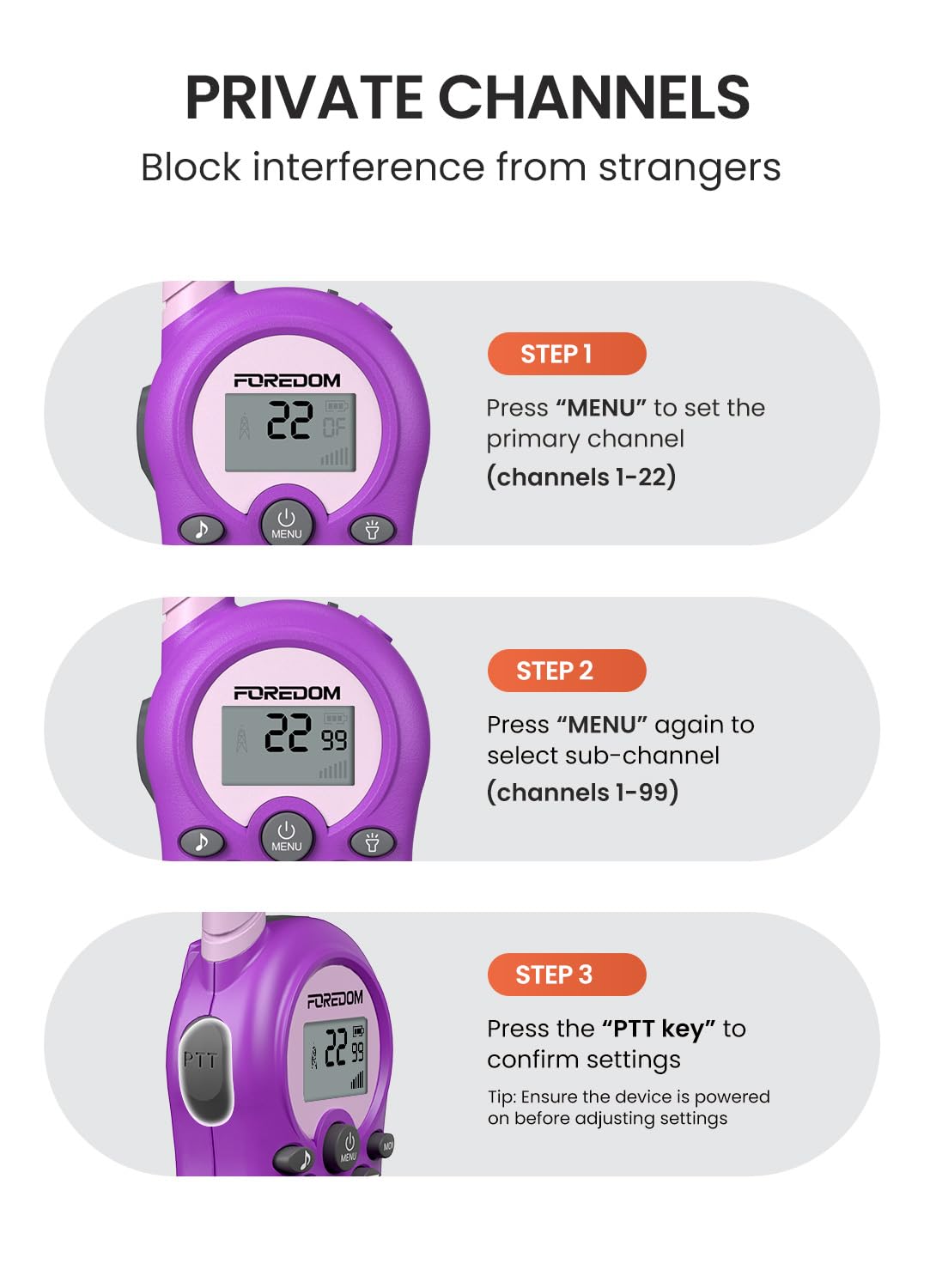 FOREDOM walkie talkies with 22 channels dial emphasizing private communication during play