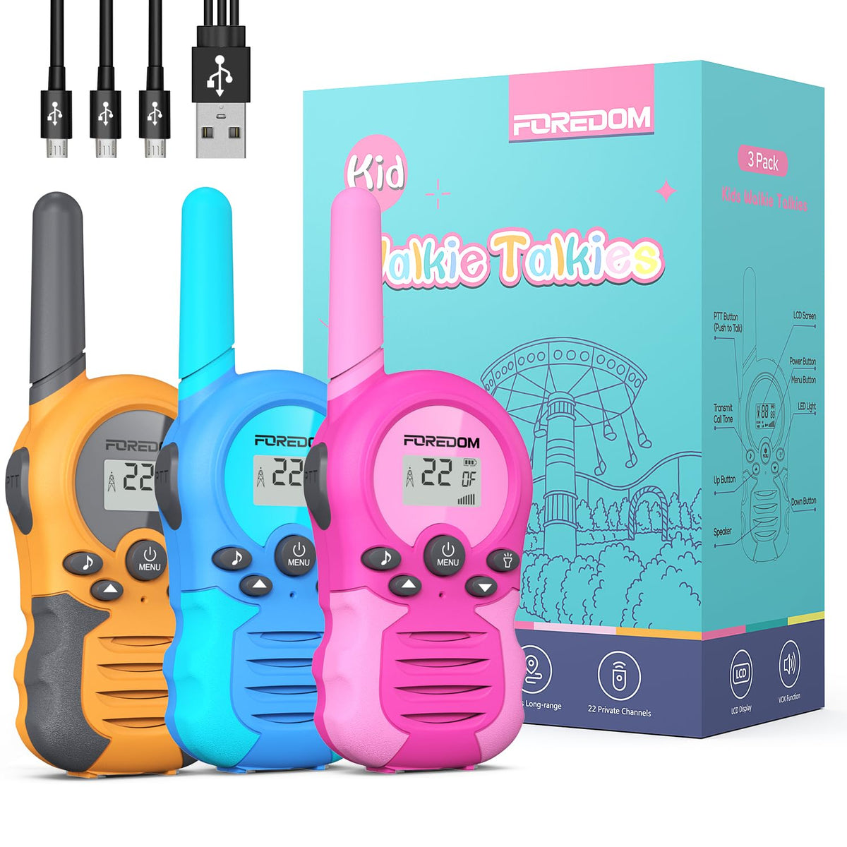 FOREDOM rechargeable kids walkie talkies 3-pack on display for safe, shareable play.
