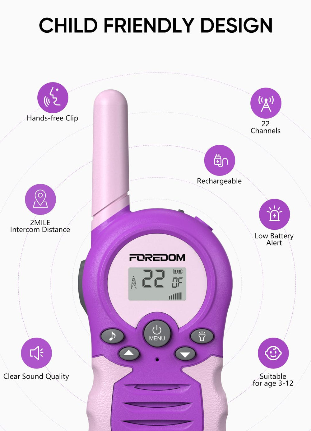 FOREDOM walkie talkies front view showing flashlight for after dark play