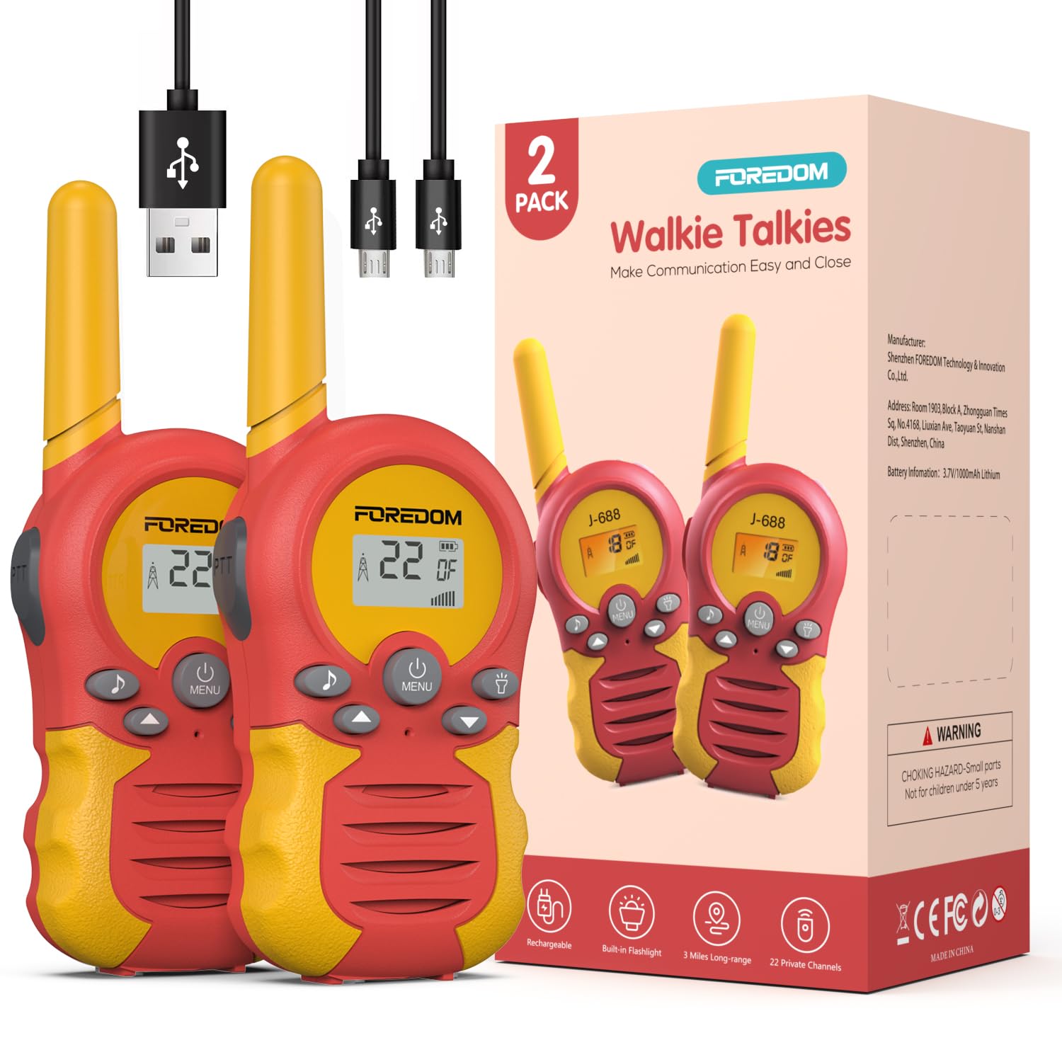 FOREDOM rechargeable kids walkie talkies front view showing durable outdoor-ready design