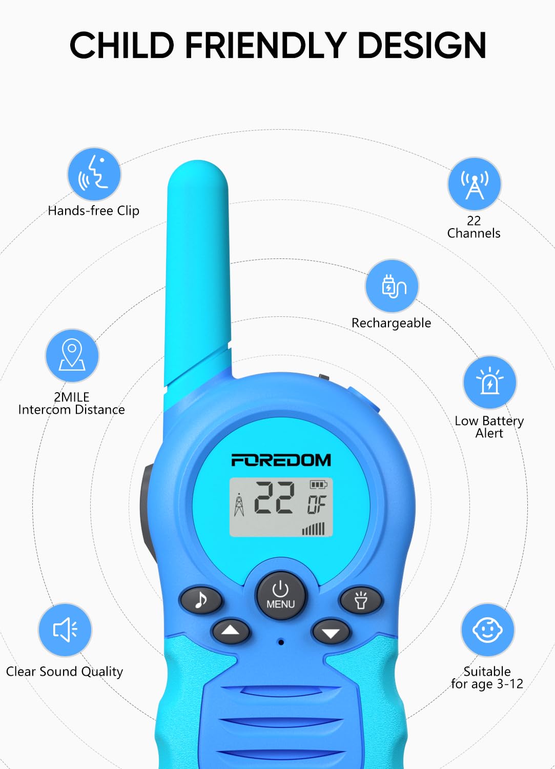 FOREDOM walkie talkies two-mile range, ideal for outdoor adventures.