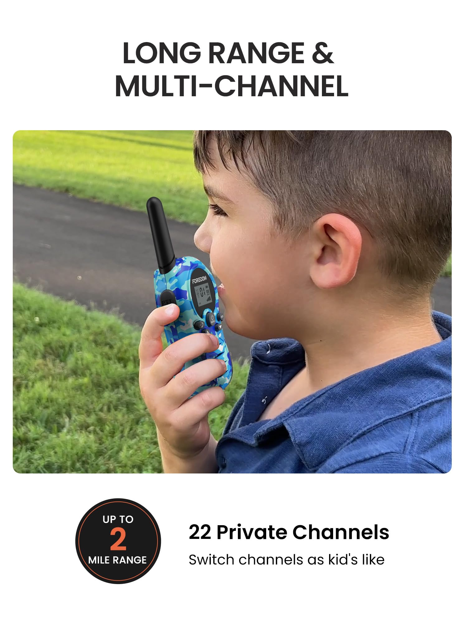 FOREDOM 2-pack walkie talkies ready for camping and backyard adventures.