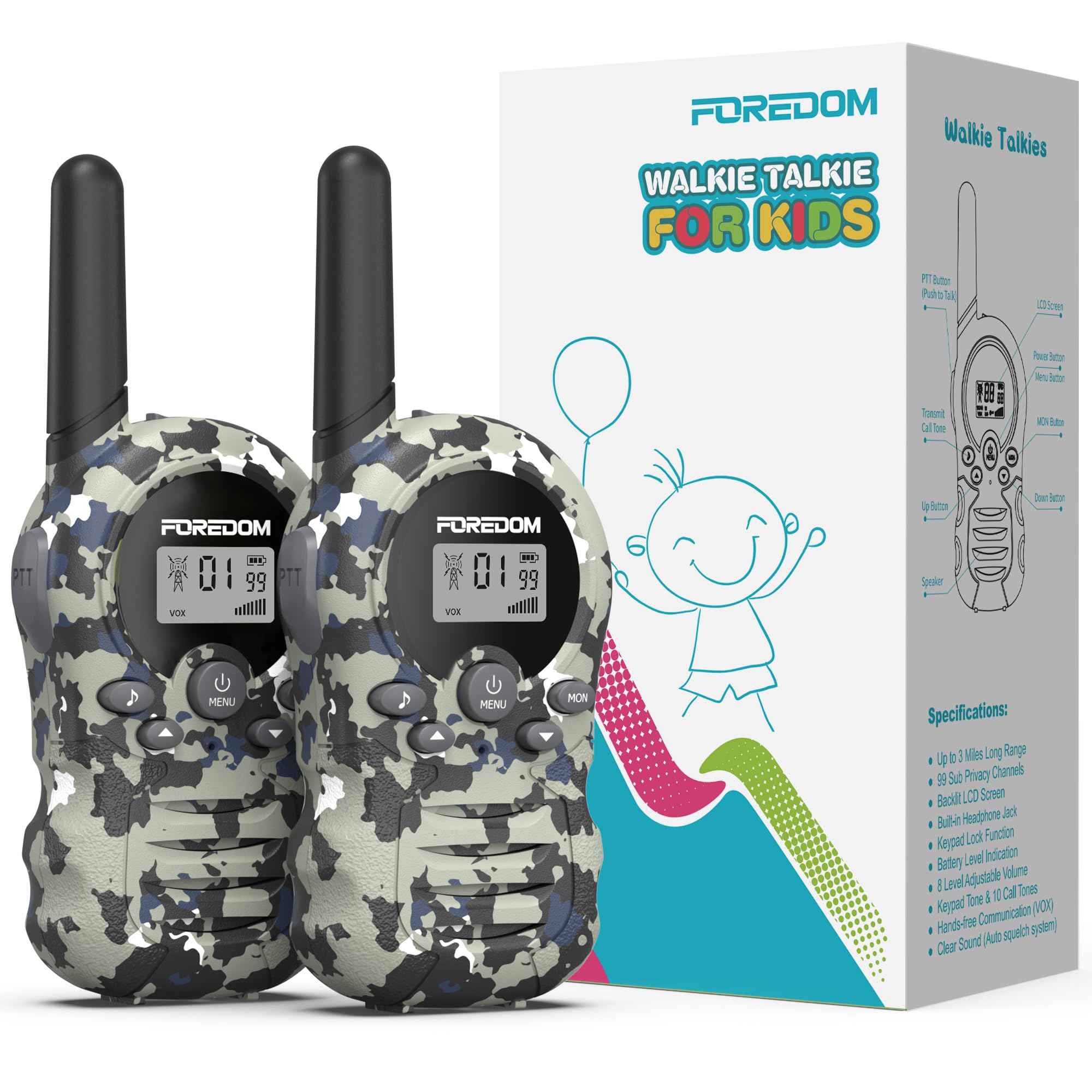 FOREDOM walkie talkies with backlight display for easy use in low light.