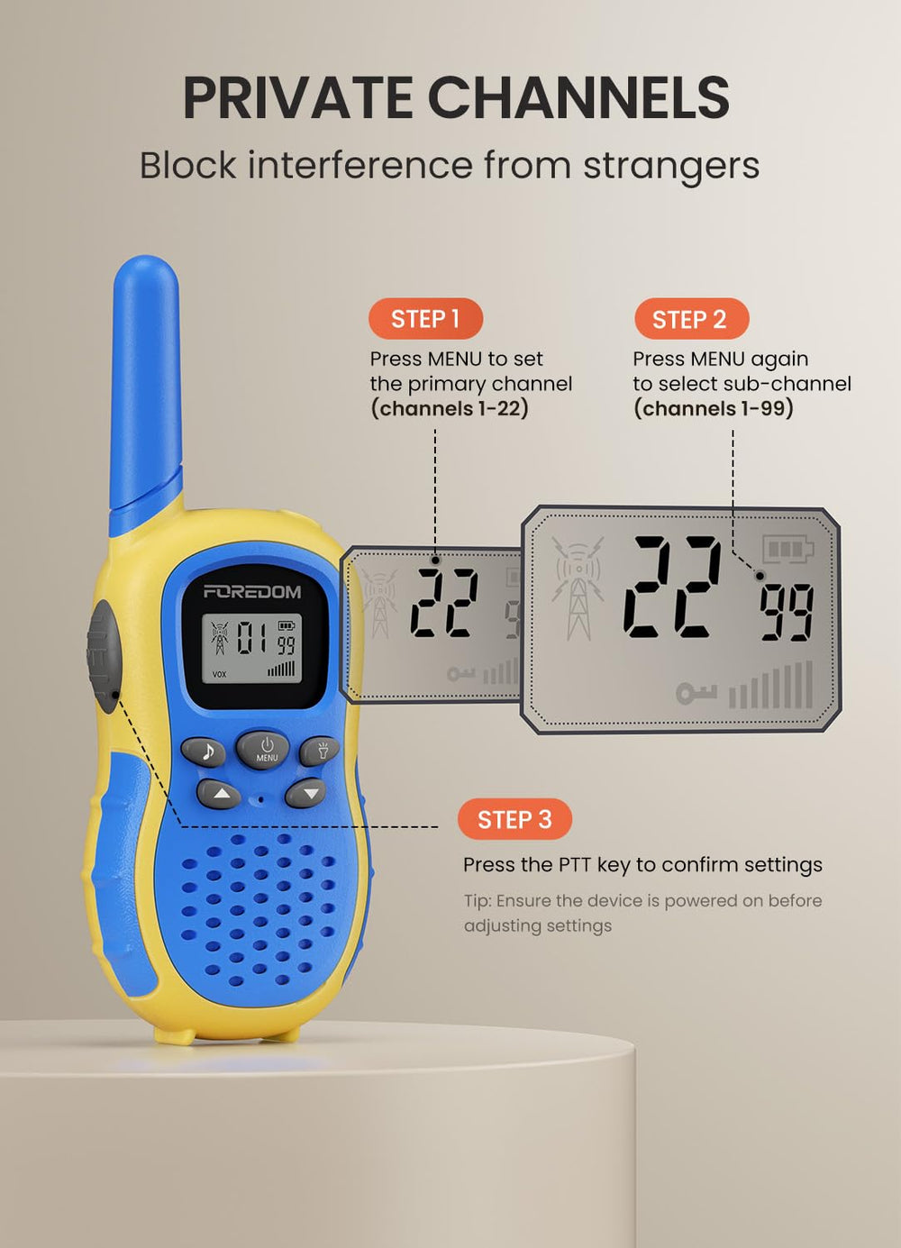 FOREDOM blue walkie talkies with 2-mile range for outdoor explorations.