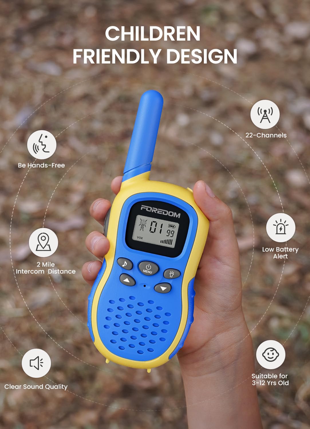 FOREDOM kids walkie talkies blue with illuminated display emphasizing night-time visibility.