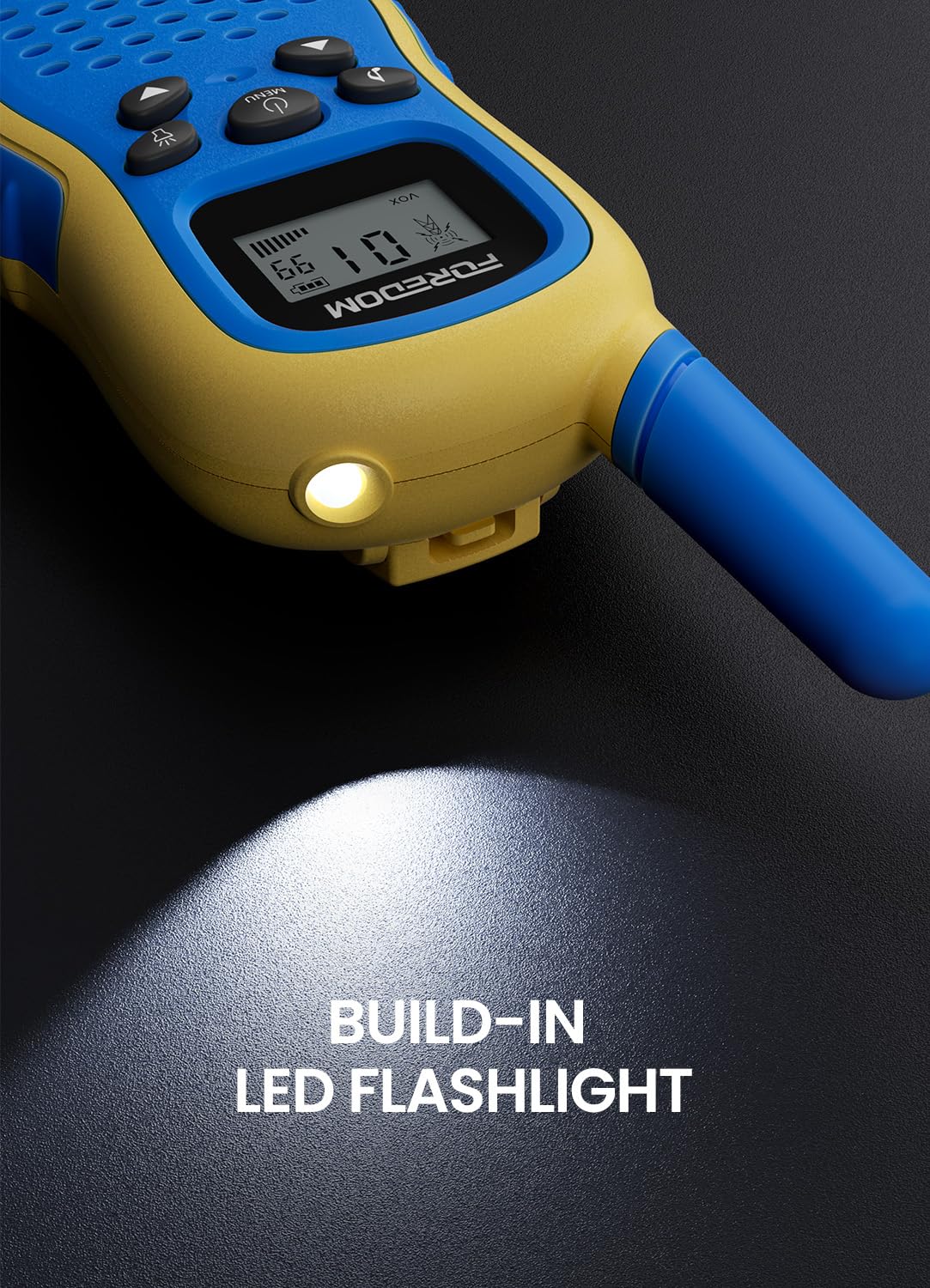 FOREDOM blue walkie talkies with lanyards in use showing hands-free play.