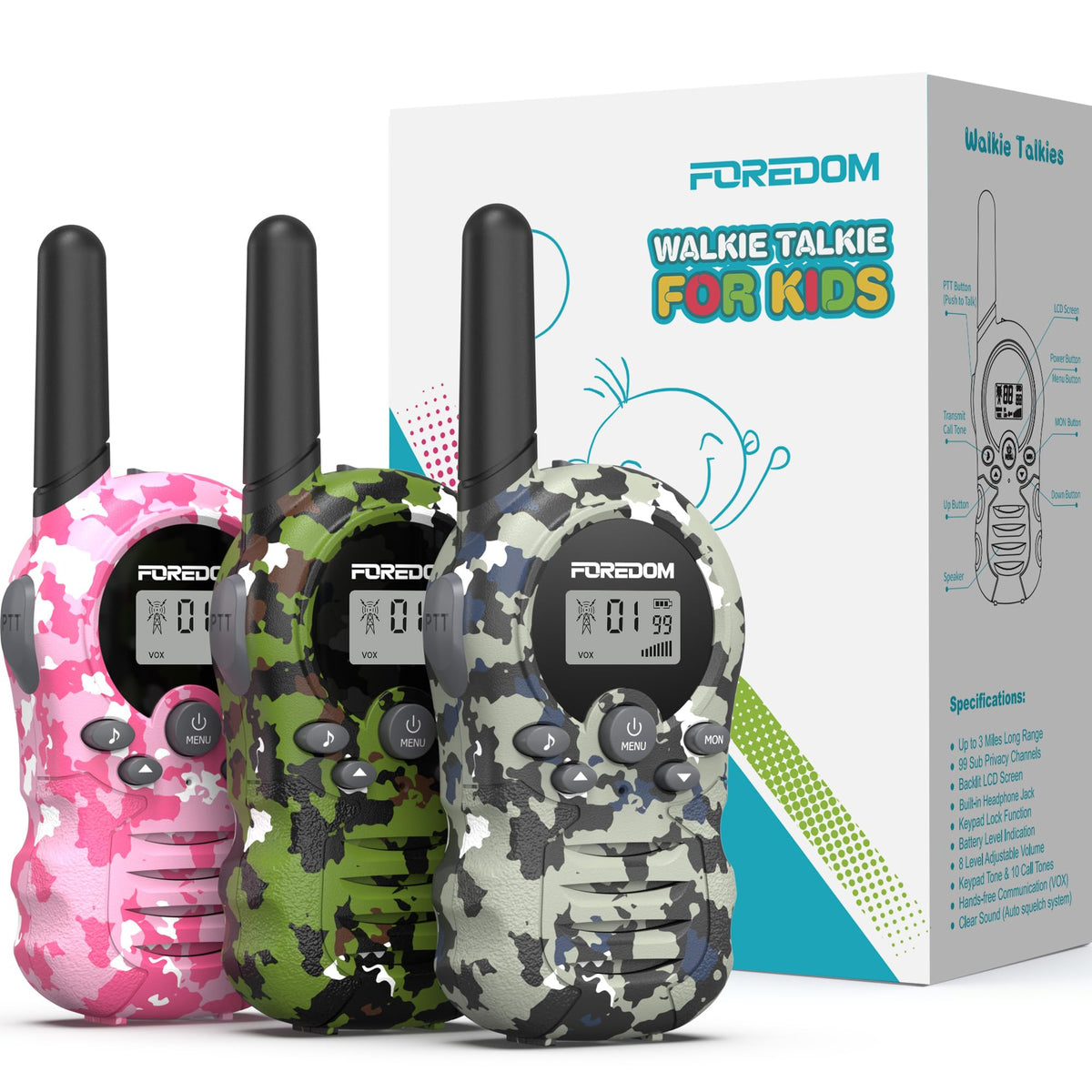 FOREDOM kid walkie talkies front view with compact durable design for little hands.