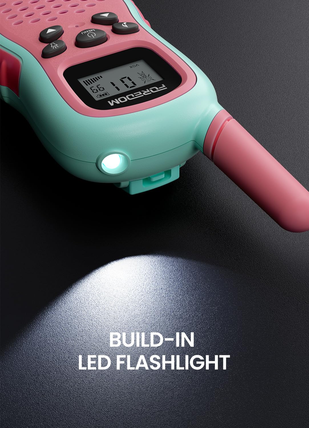 FOREDOM pink walkie talkies with dial showing 22 channels for private chats