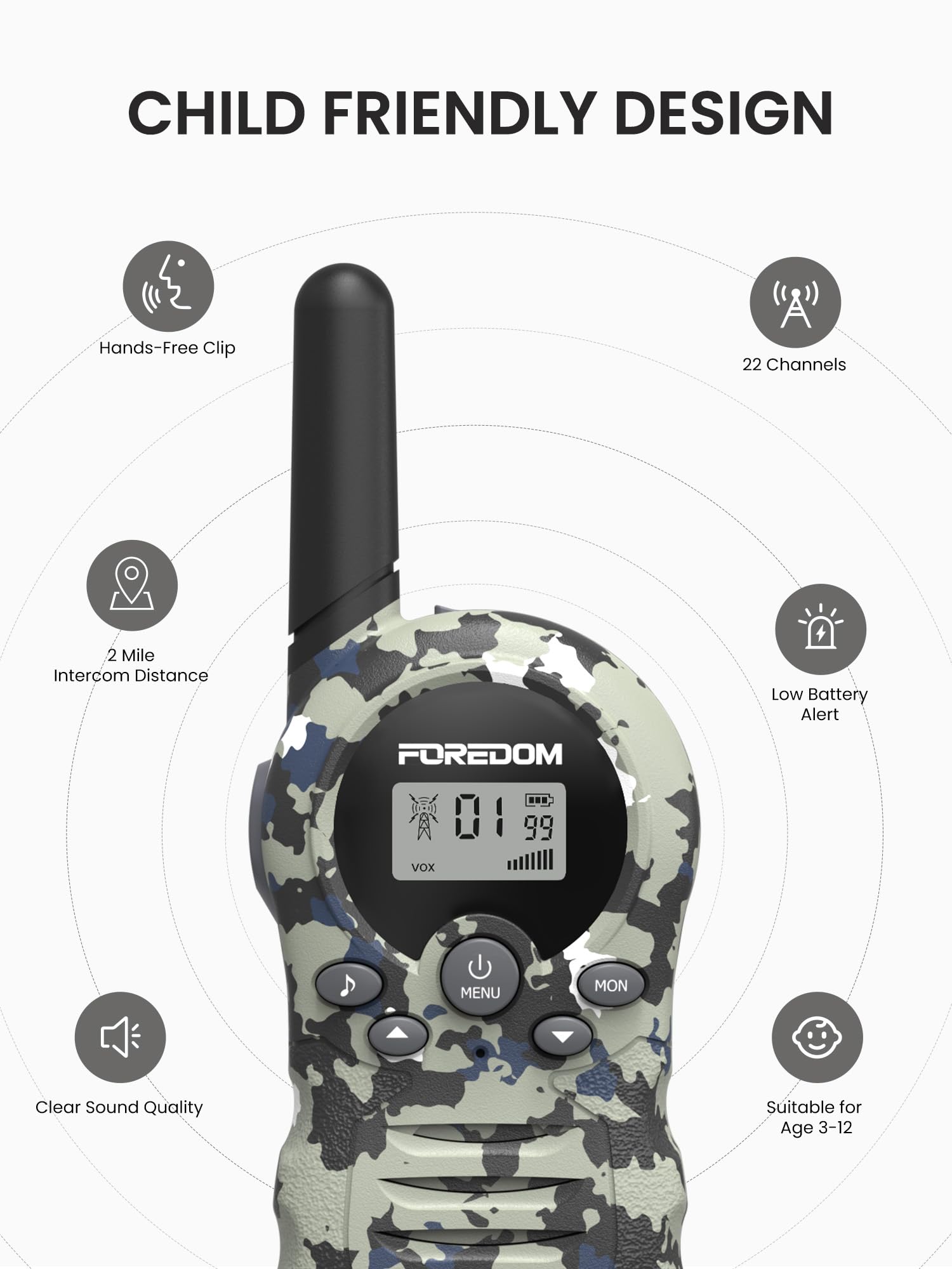 FOREDOM walkie talkies offer twenty-two channels for clear multi-user communication.