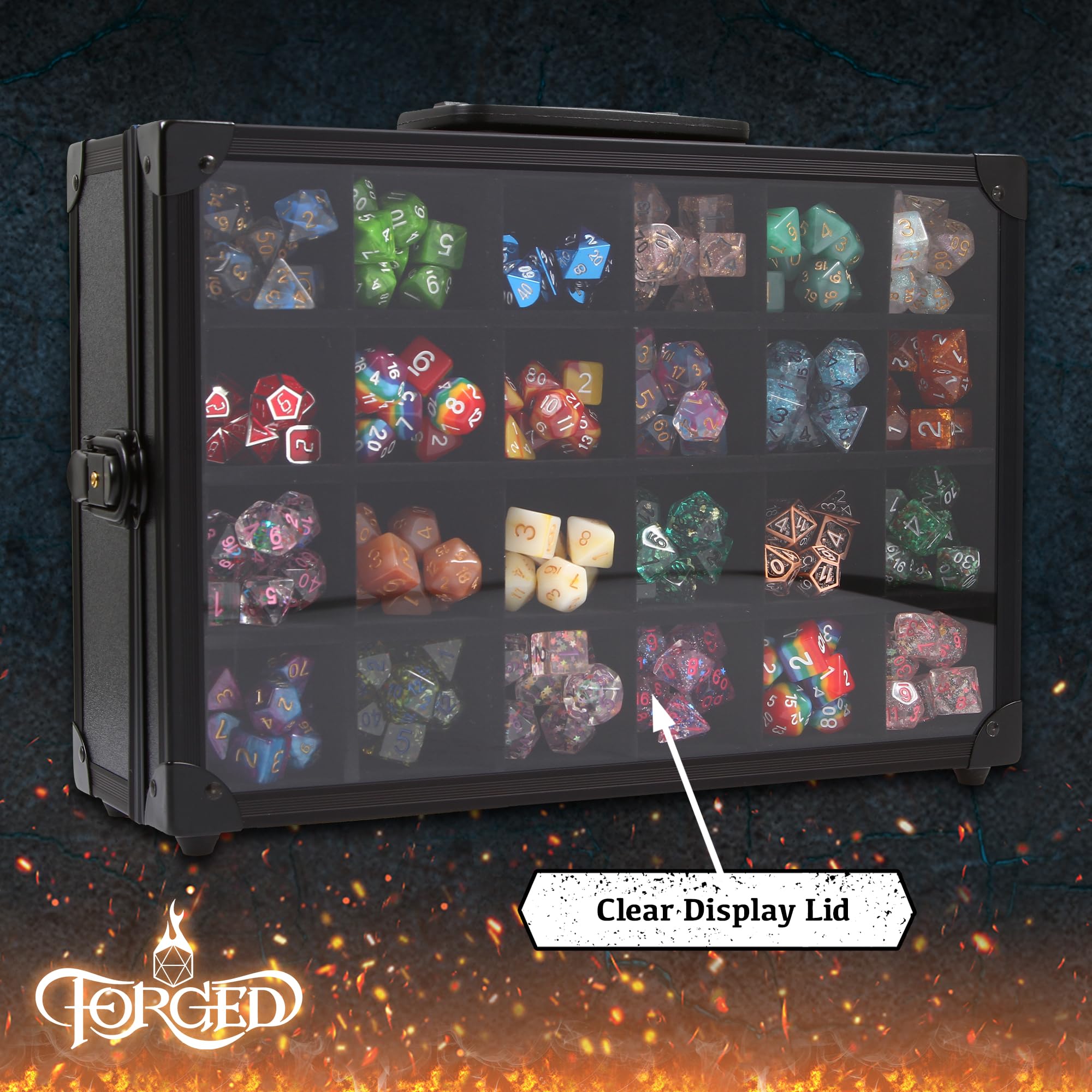 Forged Dice Co. rolling tray setup inside open case for quick on-table rolls.