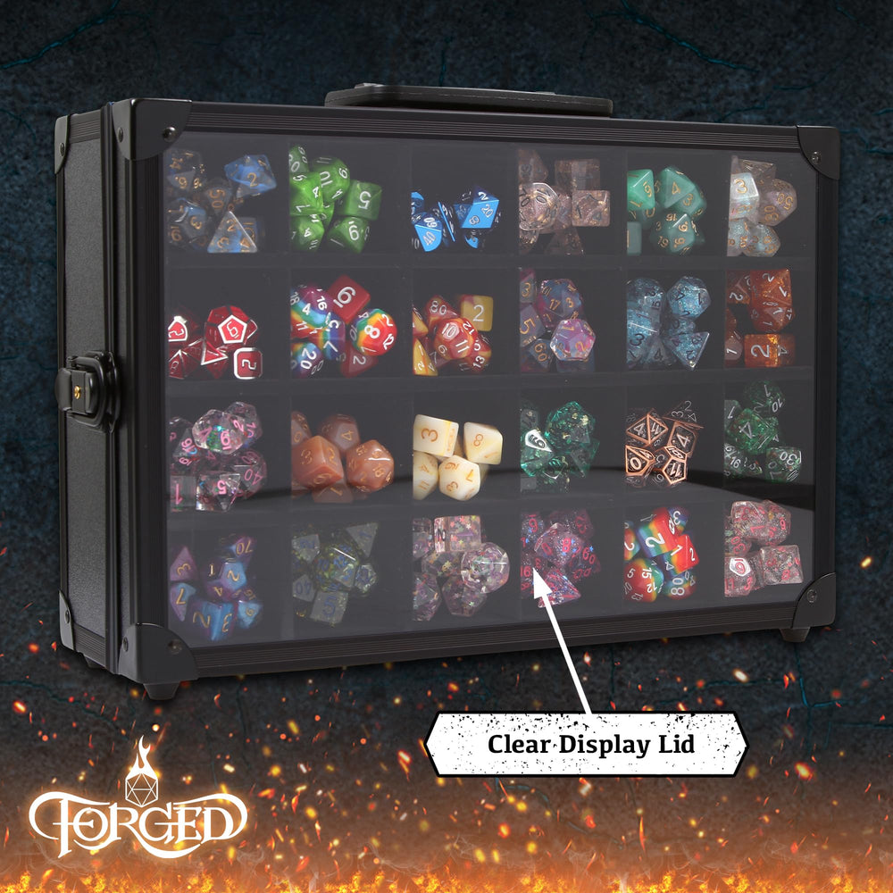 Forged Dice Co. rolling tray setup inside open case for quick on-table rolls.