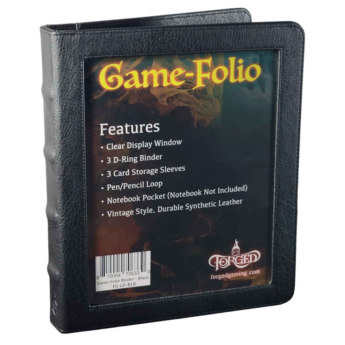 Forged Dice Co. Game-Folio binder front view in black PU leather for organized sessions