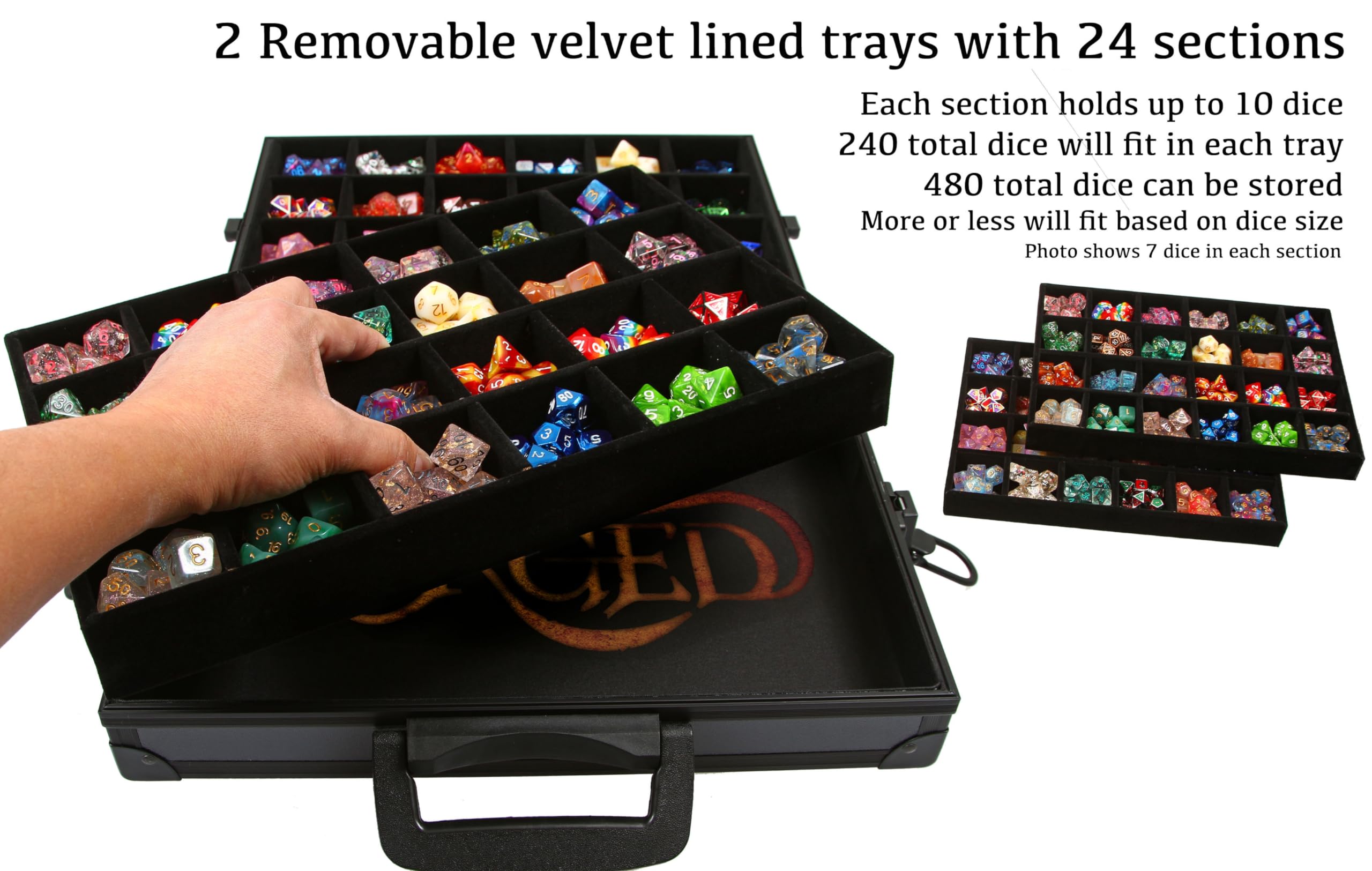 Forged Dice Co. two removable trays for organized storage.