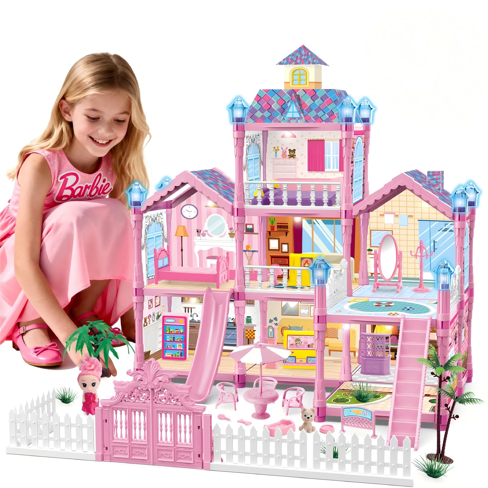 FortiTrust dollhouse pink facade shows three floors for imaginative playtime adventures.