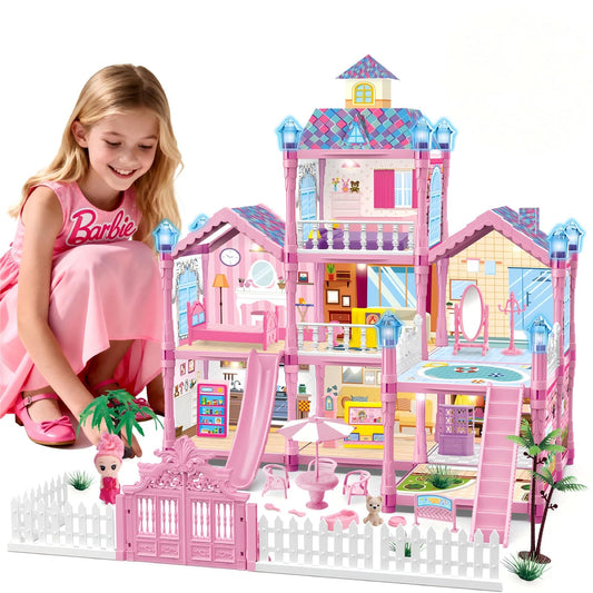 FortiTrust dollhouse pink facade shows three floors for imaginative playtime adventures.