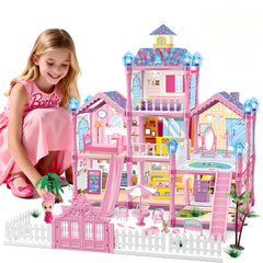 FortiTrust dollhouse pink facade shows three floors for imaginative playtime adventures.