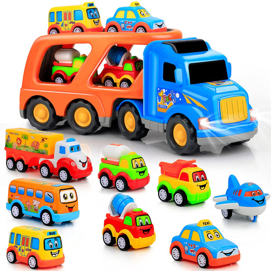 Forty4 9-pcs cars set with carrier truck for imaginative play and color recognition.