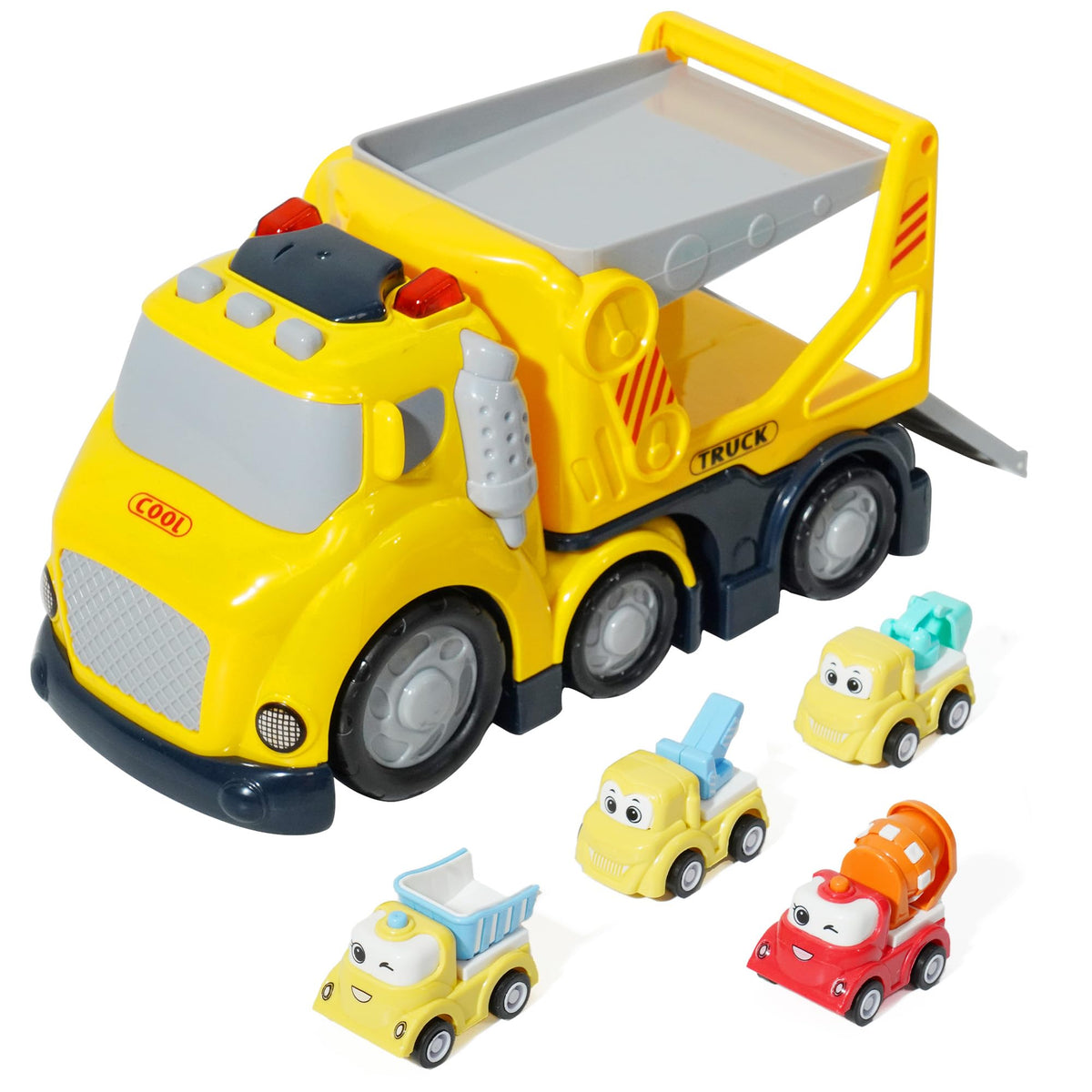 Forty4 construction car carrier truck front view for imaginative play with a vivid, interactive set