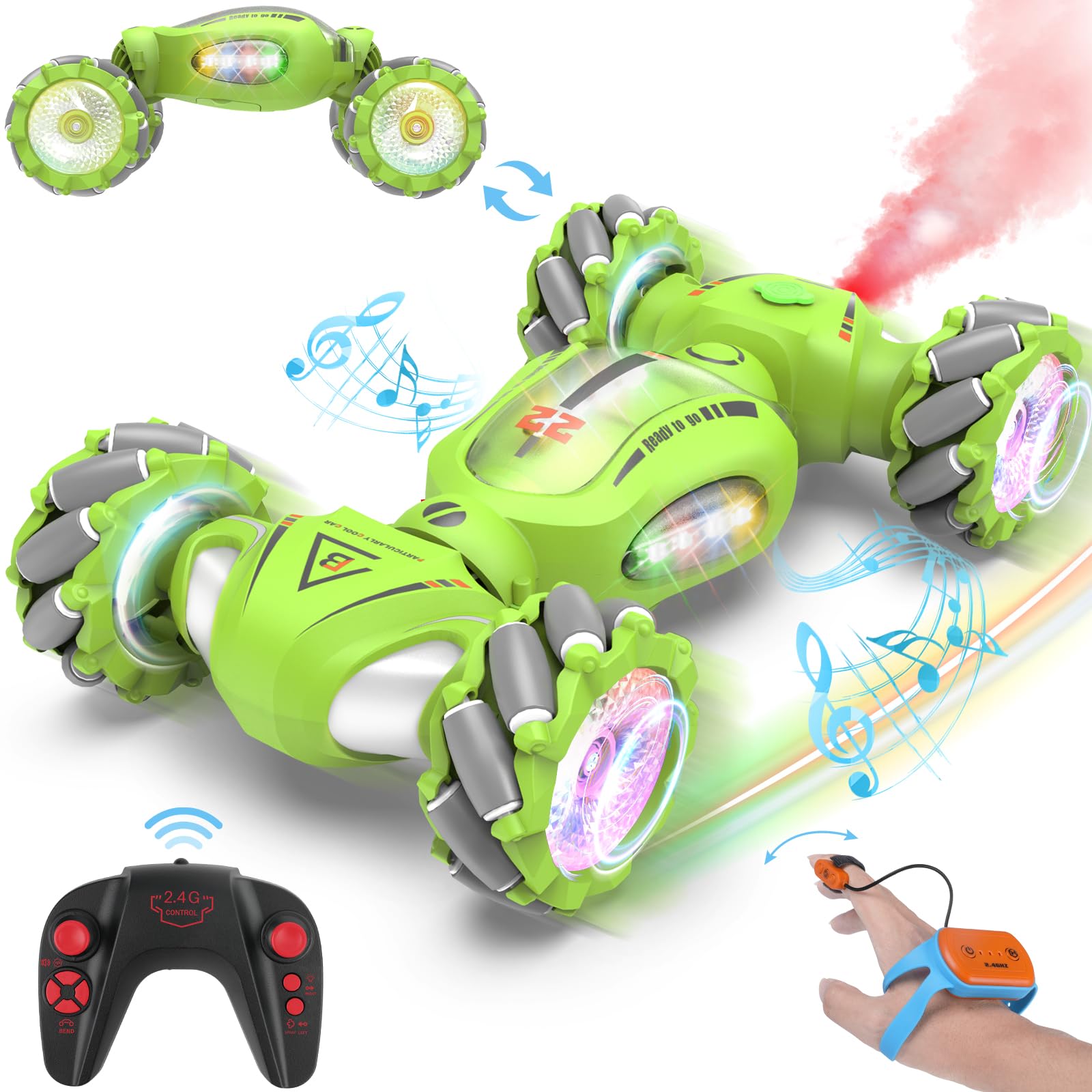 Fosgoit Gesture Sensing RC Car front view with vibrant LED lights for indoor play