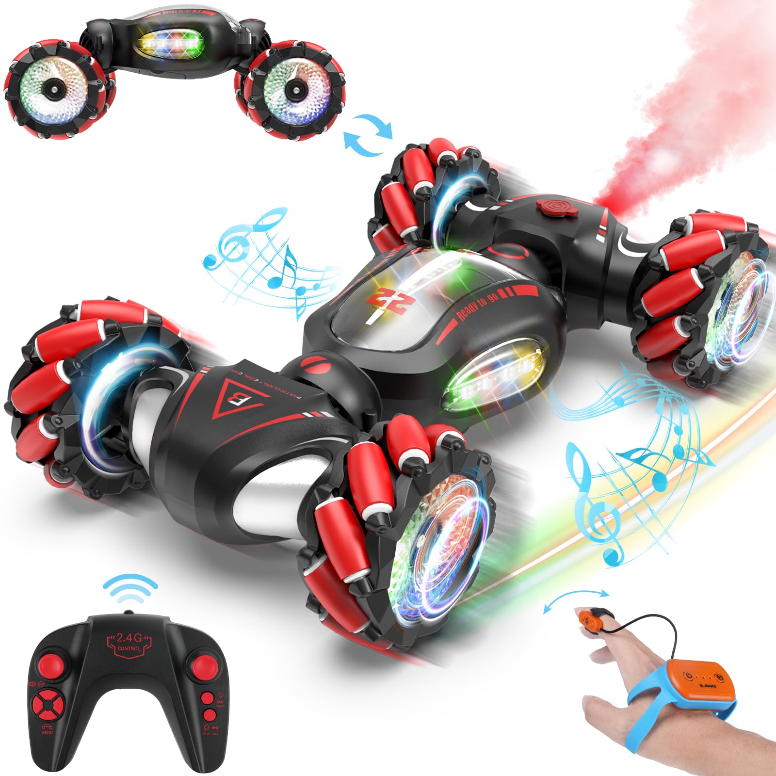Fosgoit gesture sensing RC stunt car front view with LEDs for night fun