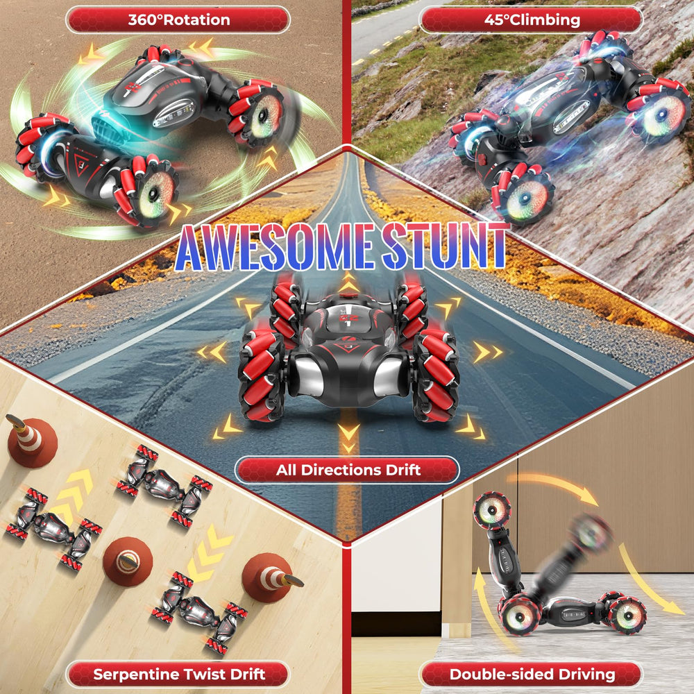 Fosgoit RC stunt car side view right showing agile steering