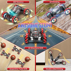 Fosgoit RC stunt car side view right showing agile steering