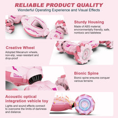 Fosgoit pink RC car doing a 360 rotation at speed