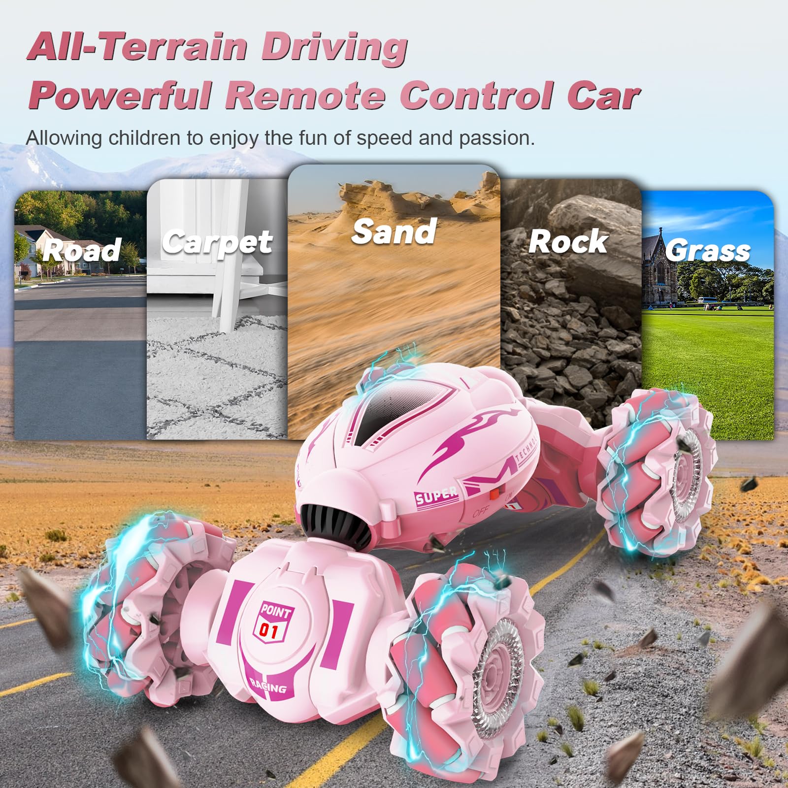 Fosgoit pink RC car with high grip 4WD tires for varied terrain