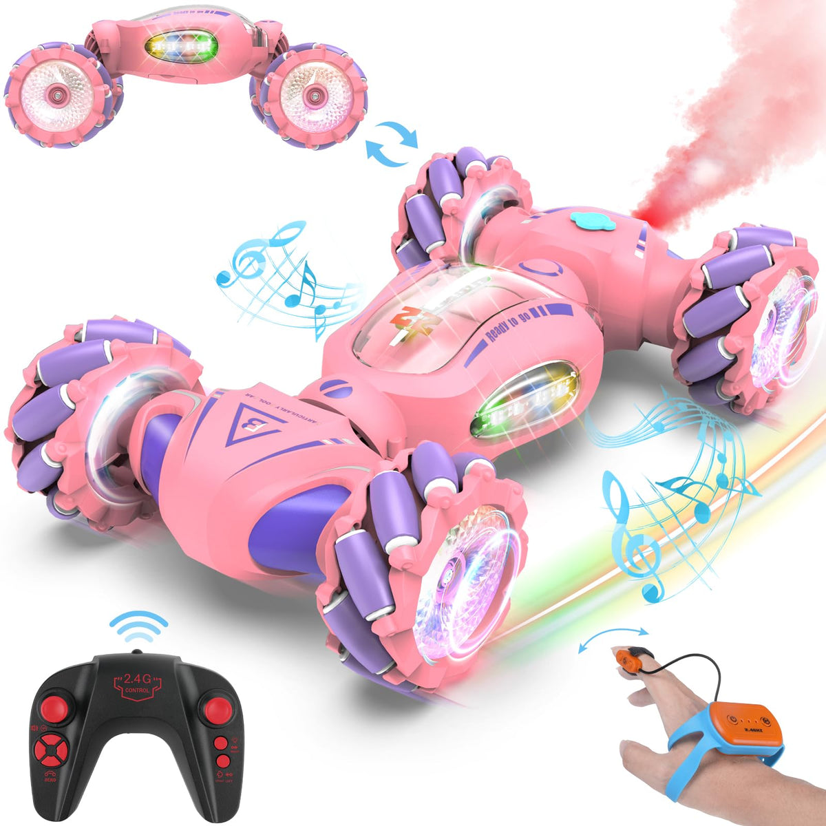 Fosgoit pink remote control car with light and spray for dramatic night play